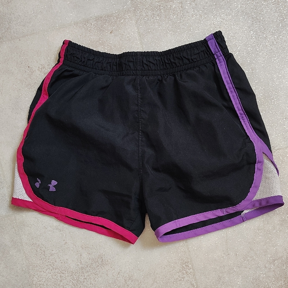 Under Armour Women's Black Shorts with Pink and Purple Accents